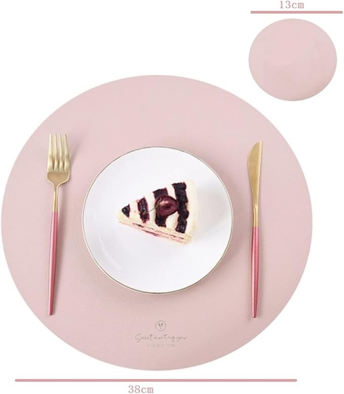 Pink PU Home Placemats and Coasters Set Washable Round Table Mat Waterproof Coffee Mats Heat- Table Place Mat(Circle Ink Blue)