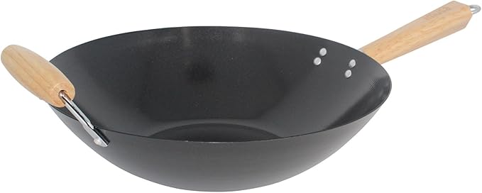 IMUSA 14in Carbon Steel Nonstick Wok with Wood Handles, Black