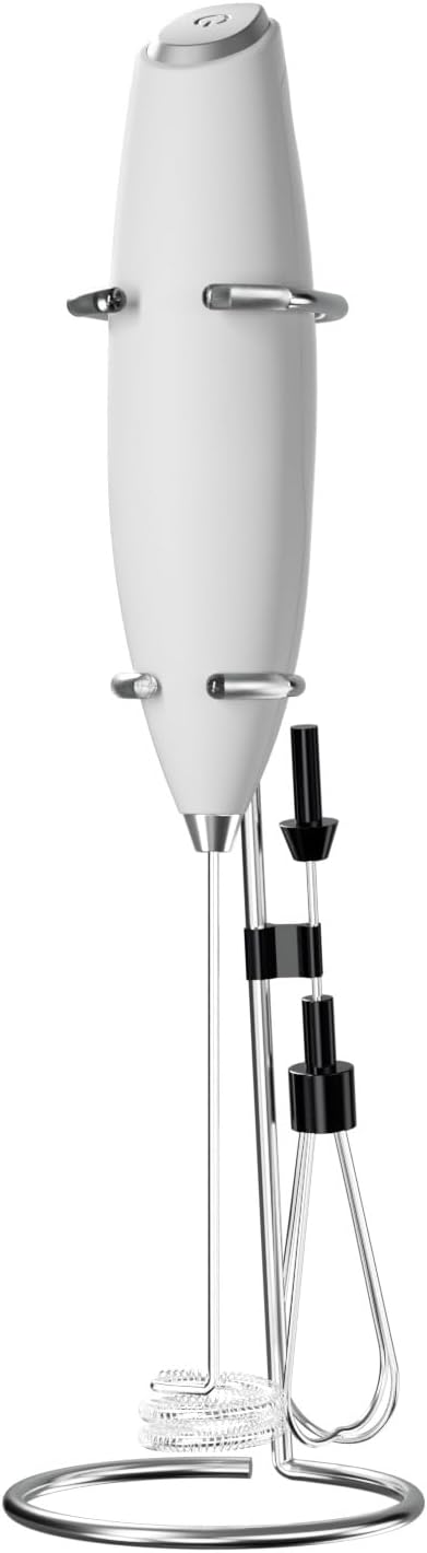 Electric Milk Frother, Handheld Battery Operated Foam Maker with Removable Head, Spiral Mixing Whisk for Coffee, Latte, Cappuccino, Hot Chocolate (White)