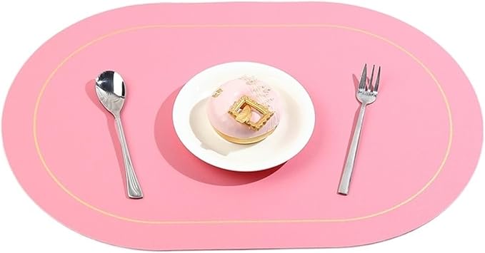 Ellipse Two-Sided Placemat Tableware Pad Table Mat Heat Insulation PU Leather Placemats Bowl Coaster Kitchen Non-Slip(Bright Pink)