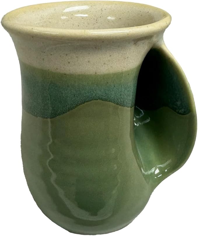 Clay in Motion Hand Warmer Coffee Mug – Handmade Coffee Mug With Comfortable Handle Contoured Pocket Hand Warming Ceramic Coffee Mug – Proudly Made in USA – Right Handed – 14 Oz - Grass Lands