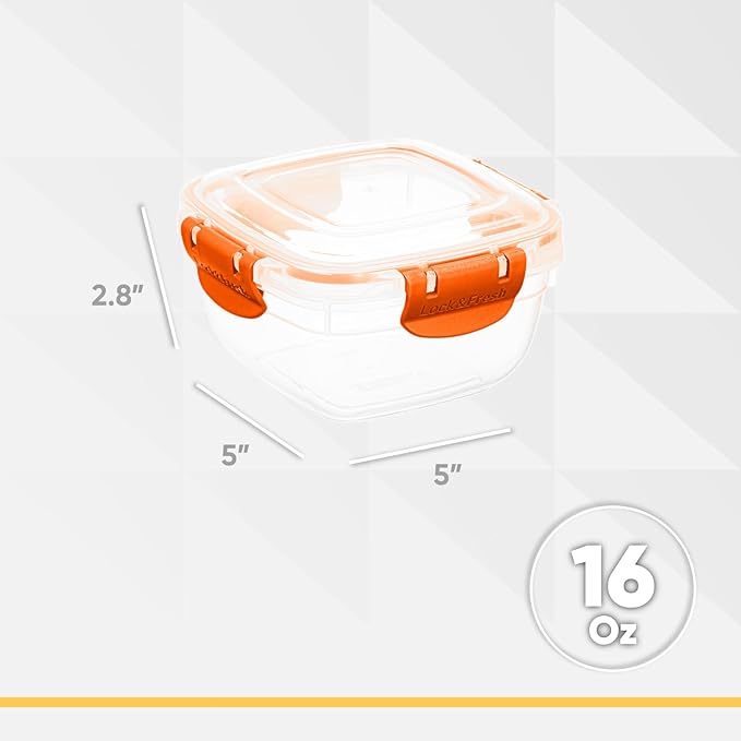 Superio Plastic Food Storage Containers with Airtight Lids, 8 Pack- 16 Oz, BPA Free, Leakproof, Stackable, Microwave, Dishwasher, Freezer Safe, Orange