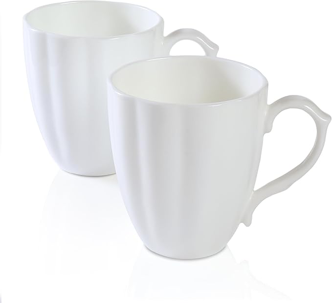 Fine Bone China Coffee Mugs Set of 2 (12 oz), White Pumpkin Shaped Tea Cups, Lightweight Ceramic Coffee Mugs for Women, DIY Gifts for Festival, Microwave Oven and Dishwasher Safe