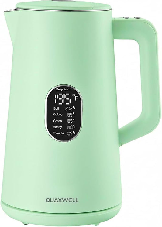 1.5L Electric Kettle Stainless Steel, Double Wall Cool Touch Teapot, Fast Boil,5 Temperature Control, LED Display, Auto Shut-Off,Keep Warm Function,Green