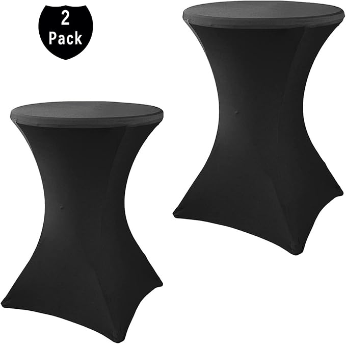 2 Pack 24x43 Inch Black Cocktail Tablecloth Spandex Round Fitted Table Cover for Wedding Banquet Event Party