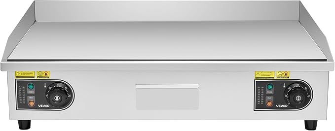 VEVOR Commercial Electric Griddle, 28.54 x 15.75 in, 4400W, 122-570°F Adjustable Temp Control, Stainless Steel Countertop Full Flat Top Grill with 2 Spatulas and 2 Brushes, for Steak, Pancake, Squid
