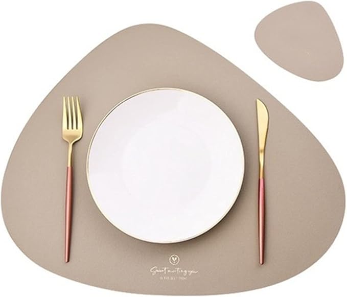 Faux Leather Set of 2 PU Placemats and Coasters Round Leather for Dinner Table Mats Heat Non-Slip Washable(Cream Khaki)