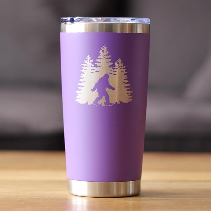Bevvee Bigfoot - Insulated Coffee Tumbler Cup with Sliding Lid - Stainless Steel Insulated Mug - Funny Bigfoot Gifts for Sasquatch Enthusiasts - Purple
