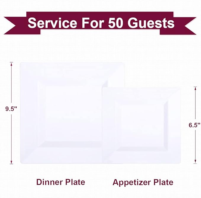 Disposable Square Plastic Plates - 100 Pack - 50 x 9.5 Dinner and 50 x 6.5 Salad Combo Plate - Premium Heavy Duty - Fancy and perfect for a Party, Wedding, or Birthday