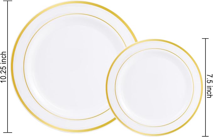 I00000 60 Pieces Gold Plastic Plates, Heavy Duty White and Gold Plastic Plates for 30 Guests Include: 30 Gold Rim Dinner Plates and 30 Gold Dessert Plates Perfect for Wedding & Party