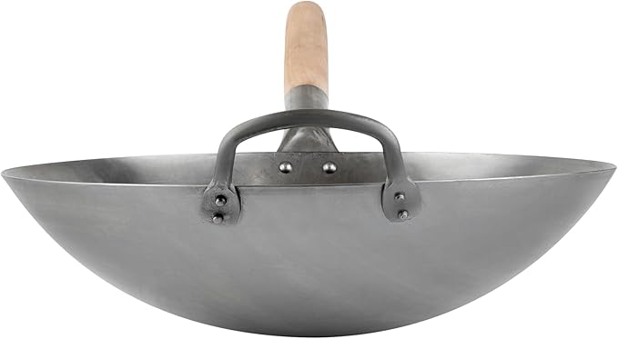 Motomori 14 Inch Hand-Hammered Carbon Steel Wok, 1 Traditional Japanese Wok - Round Bottom, Wooden Handle, Black Carbon Steel Traditional Stir Fry Pan, With Helper Handle - Restaurantware