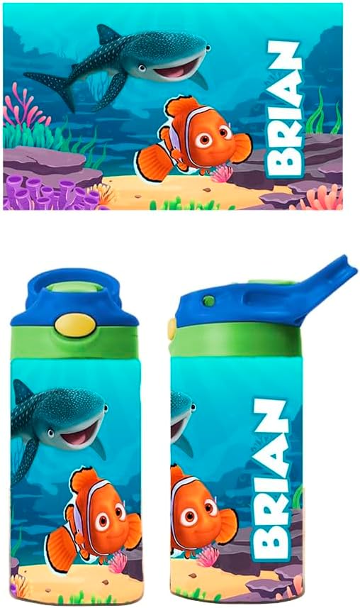 Personalized Movies Kids Water Bottle 12oz Insulated Tumbler with Lid and Custom Name (Finding NEMD)