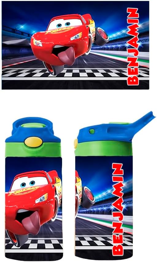 Personalized Movies Kids Water Bottle 12oz Insulated Tumbler with Lid and Custom Name (Cars)