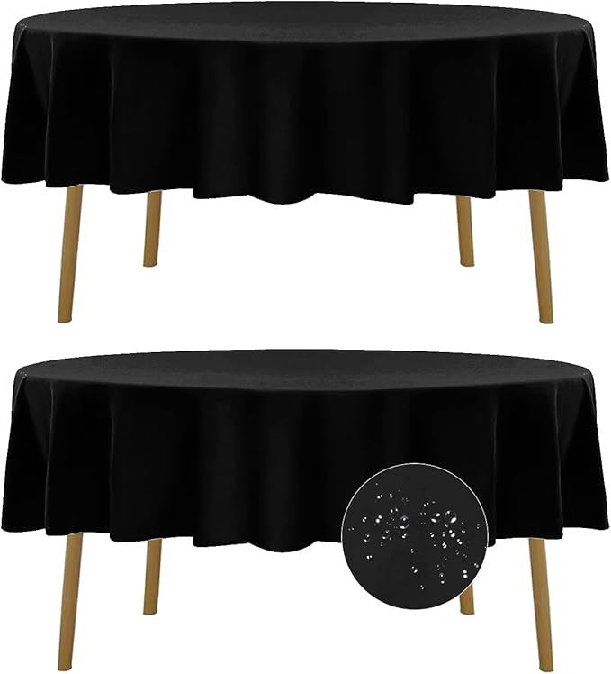 Fokitut 2 Pack Waterproof Round Tablecloth, 90 Inch, Stain Resistant and Wrinkle Polyester Table Cloth, Fabric Table Cover for Kitchen Dining, Wedding, Party, Holiday Dinner-Black