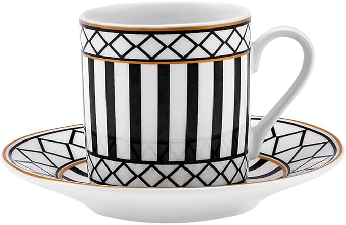 KARACA Helenistik Porcelain Turkish Coffee Cups Set for 6 People - 12 Piece Espresso Cup with Saucers - Drinking Serving Gift Set for Women - Ideal for Serving Turkish Coffee (Black and White, 80 ml)