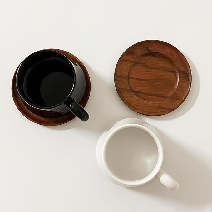 Set of 1 Ceramic Tea White Cup and Wood Saucer - 7 oz Tea Mug - Wide Cappuccino Cup, Coffee Cups for Cappuccino, Latte, Espresso, Americano