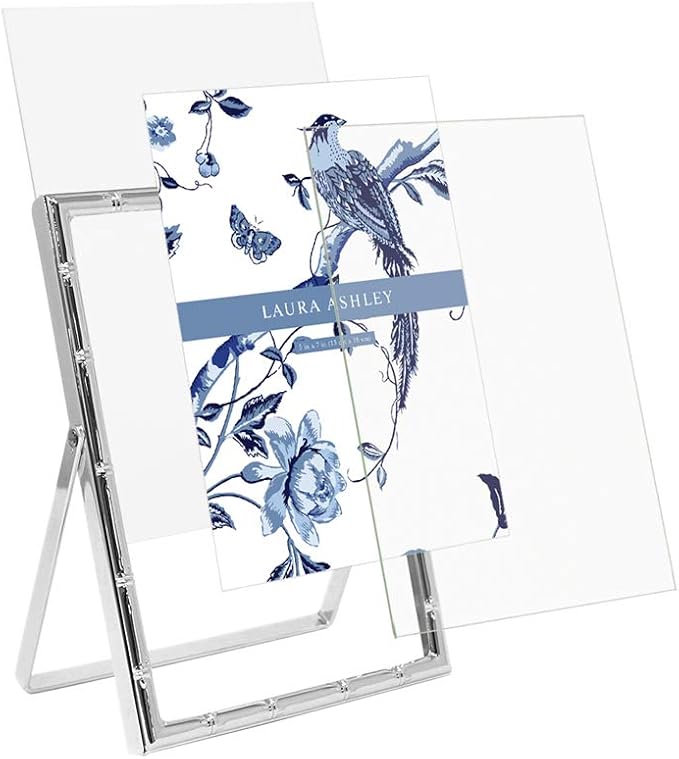 Laura Ashley 5x7 Silver Bamboo Metal Picture Frame (Vertical) with Pull-Out Easel Stand, Made for Tabletop, Counterspace, Shelf and Desk