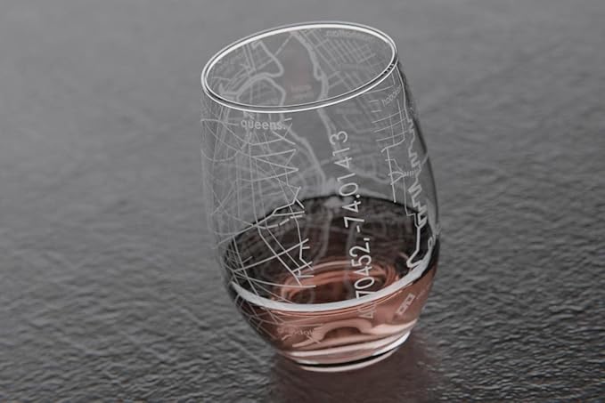 Well Told Engraved New York City Map Stemless Wine Glass, Etched Glass (15 oz, Clear) Custom Gifts for Lovers