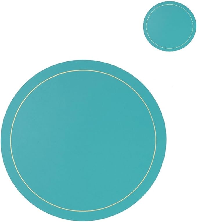 Luxury Round Faux Leather PU Placemat and Coaster for Easter Thanksgiving Year Party Home Decor Table Mat(GR Cyan)