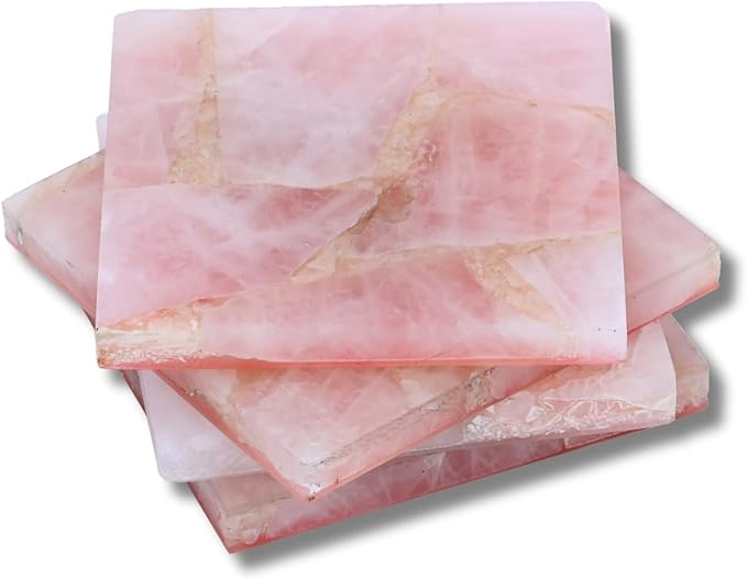 Set of 4 Natural Rose Quartz Coasters Set – Crystal Stone Drink Coasters for Coffee Table Decor, Wine or bar Coasters, Serveware, Housewarming Gifts, Wedding Gifts & Modern Home Decor