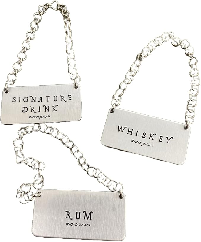 Individual Customizable Liquor Alcohol Bottle Decanter Label (1) Tag, Hand-Stamped Silver-Color Aluminum on Chain, 1"X2" Decorative Gift Ideas for Men, Home Bar Decor, Personalized