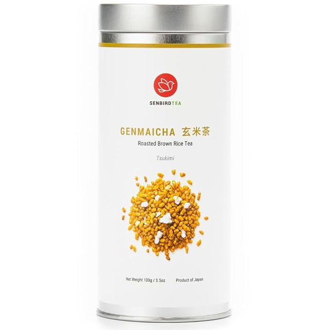 Senbird Premium Genmaicha - Caffeine-Free Japanese Mochi Rice Tea - From Hokkaido, Japan - Herbal Tea in Airtight Tin (3.5oz/100g)