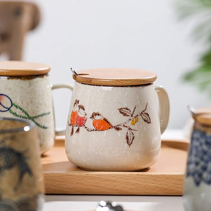 Vintage Coffee Mug Japanese Retro Style Ceramic Cups, 380ml Kiln Change Clay Breakfast Cup Creative Gift for Friends(Style A)