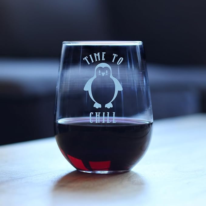 Custom Time to Chill - Personalized Stemless Wine Glass - Funny Penguin Themed Gifts and Decor - Large 17 oz - Customized Wine Glass Gift