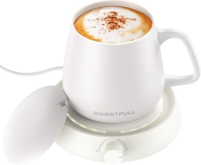 SWEETFULL Mug Warmer for Coffee and Tea Coffee Mug Warmer Set W/Mug and Lid Coffee Warmer As Coffee Gifts for Desk Office Coffee Lovers. （20W Cup Warmer Candle Warmer Auto Shut Off）