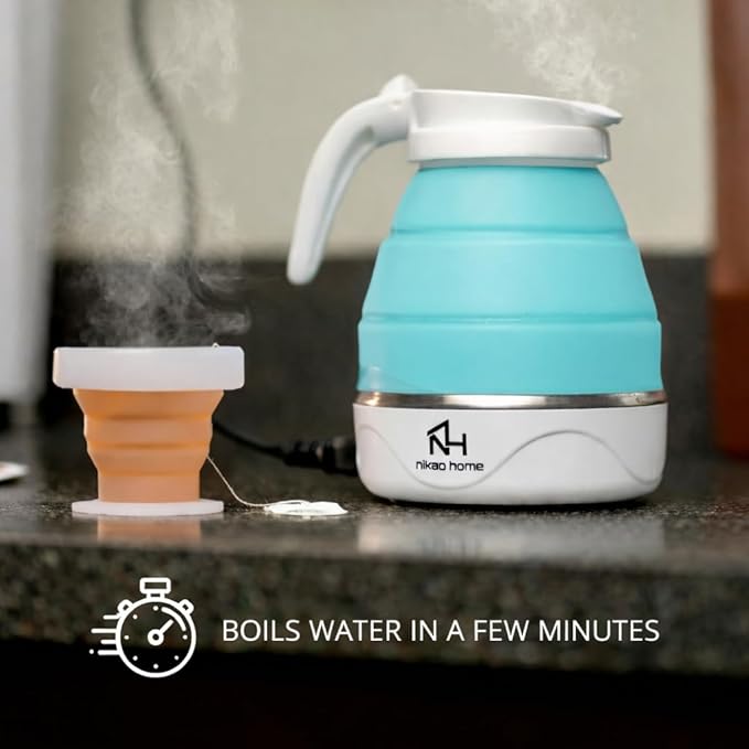 Nikao Home Foldable Electric Kettle With Milk Frother and Foldable Cup – Travel kettle, Portable Tea Kettle for Travel, Mini Collapsible Water Warmer, Compact Design and Quick Heating. (Aqua Blue)