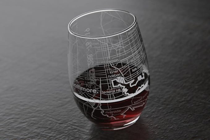 Well Told Engraved Baltimore Maryland Map Stemless Wine Glass, Etched Glass (15 oz, Clear) City Custom Gifts for Lovers