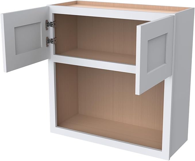 Solid Wood RTA Wall Microwave Cabinet with Open Shelves – Shaker Style, Space-Saving Kitchen Pantry Storage, Durable and Versatile Wall-Mounted Organizer (SK-White, 30" W x 24" D x 30" H)