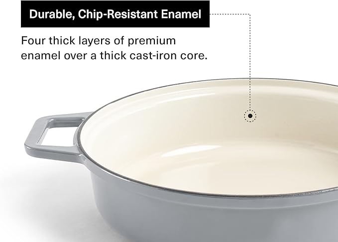 Misen 5.5 QT Braiser – Enameled Cast Iron Pan for Searing, Braising & Slow Cooking – No-Chip Enamel Coating – Extra-Wide Handles – Superior Heat Retention & Even Cooking - Gray