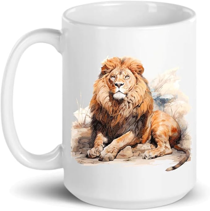C M Lion Ceramic Coffee Mug, 15 oz. - Lion Themed Gift for Women and Men