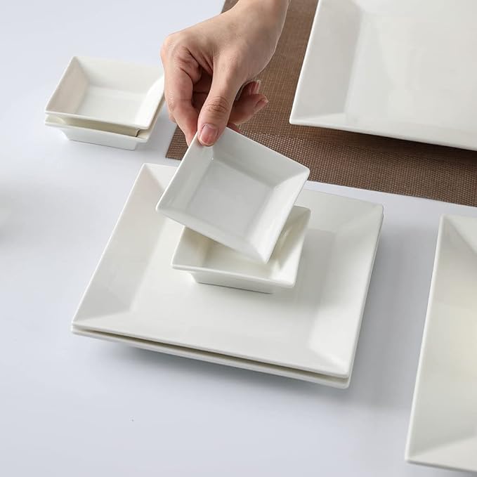 Porlien 16-Piece Classic Square Dinnerware Set for 4-Square Dinner Plates, Dessert Plates, Bowls & Dipping Saucers, Off White Dishes for 4