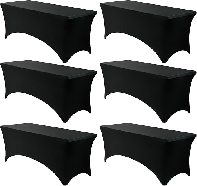 VidaFete Spandex Tablecloth 6 Pack 8FT, Fitted Stretch Table Cover for Rectangle Tables, Wrinkle Resistant and Washable Tablecloths for Outdoor, Picnic, Party, Wedding, Banquet, Birthday, Black