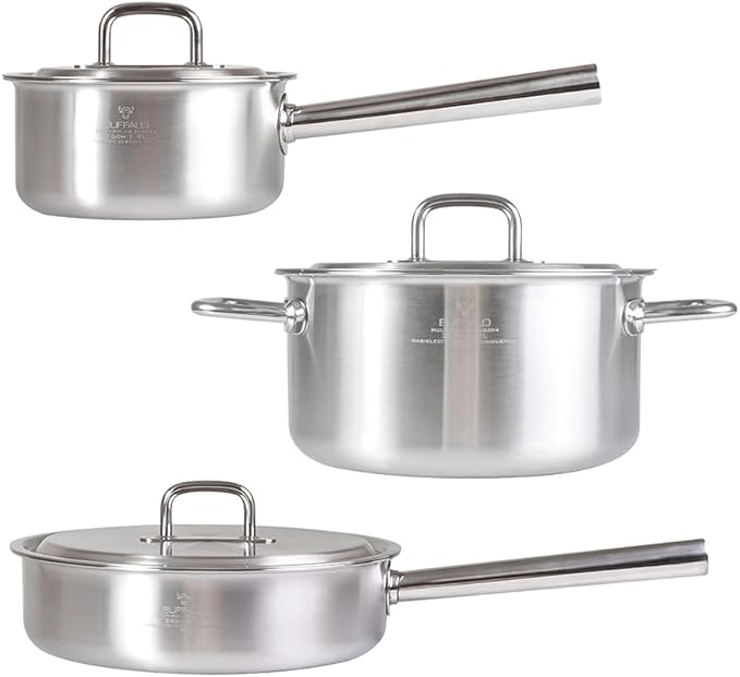 BUFFALO Clad Stainless Steel Sauce Pan 7", Stock Pot 8" & Stir Fry Pan 10" with Lid -Tri-Ply Premium Kitchen Cookware Set Stay-Cool Long Handle Deep Sauté Cooking Pot for Induction/Electric/Gas Stoves