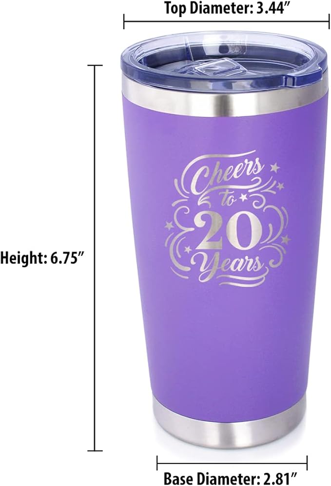 Bevvee Cheers to 20 Years - Insulated Coffee Tumbler Cup with Sliding Lid - Stainless Steel Insulated Mug - Gift for 20th Anniversary - Purple