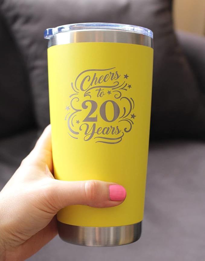 Bevvee Cheers to 20 Years - Insulated Coffee Tumbler Cup with Sliding Lid - Stainless Steel Insulated Mug - Gift for 20th Anniversary - Yellow