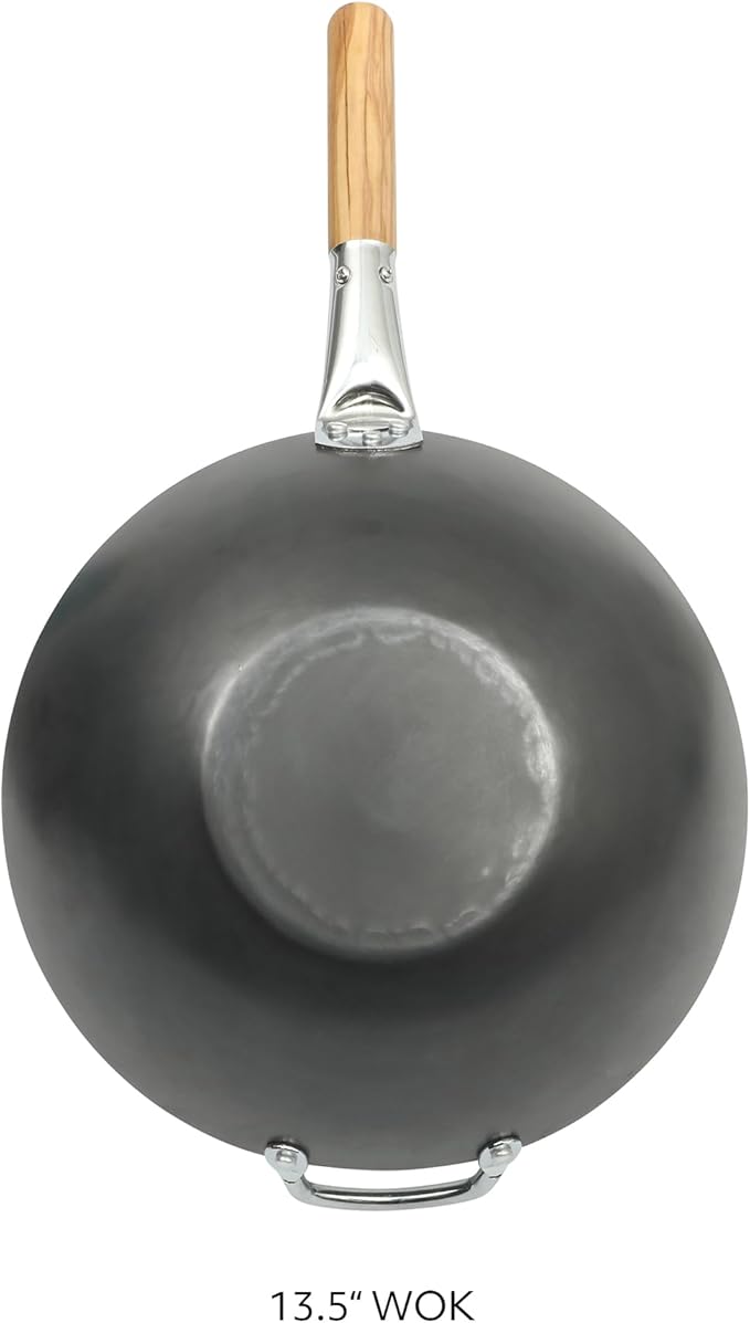 SUR LA TABLE Kitchen Essentials Quick Fire 13.5" Carbon Steel Flat Bottom Wok – Durable Nonstick Stir Fry Pan