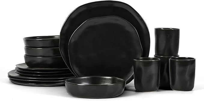 Stone by Mercer Project HEKONDA Modern Stoneware 16-Piece Dinnerware Set, Plate and Bowl Set, Dish Set for 4, Black