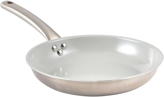 IMUSA 8" Inch Stainless Steel Frying Pan with Gray Ceramic Nonstick Coating, 2 Ply Aluminum Construction, Oven Safe and Induction Compatible Skillet
