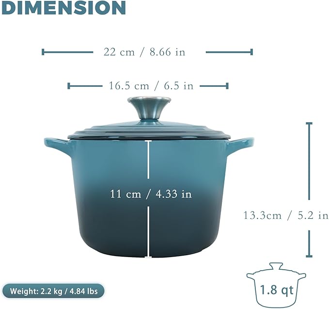 Dutch Oven Pot with Lid 1.8 qt Cast Iron Dutch Oven for Bread Baking Slateblue Enameled Cast Iron Rice Pot with Handels