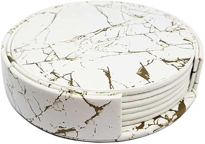 6PCS Leather Marble Coaster Drink Coaster Coaster Easy to Clean Placemat Round Tea Mat Table Mat Rack(A)