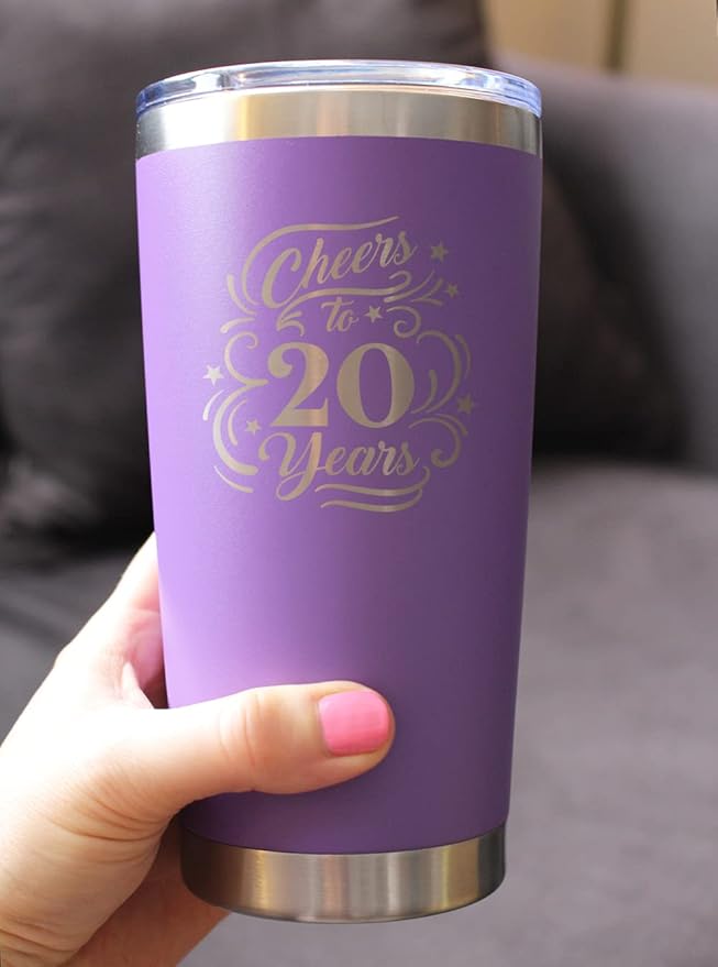 Bevvee Cheers to 20 Years - Insulated Coffee Tumbler Cup with Sliding Lid - Stainless Steel Insulated Mug - Gift for 20th Anniversary - Purple
