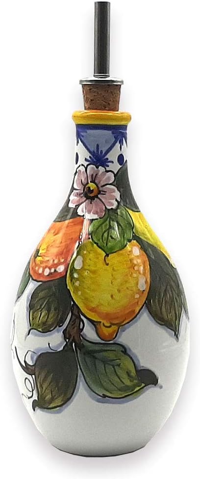 Italian Ceramic Olive Oil Dispenser Bottle - Hand Painted Oil Cruet Lemon Fruits Design for Kitchen - Made in ITALY Tuscany - Italian Pottery