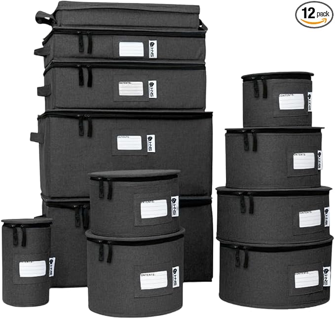 China Storage Hard Shell Containers 12-Piece Set Moving Boxes for Dinnerware, Glasses, Plates, Mugs and Saucers Sturdy Dish Organizer with Dividers for Seasonal Storage - Service for 12 - Black