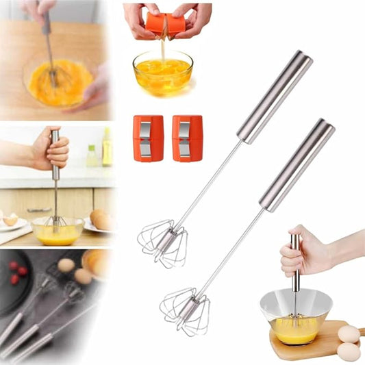 Stainless Steel Egg Whisk,2025 Upgrade Hand Push Whisk Blender with Egg Shell Opener, Versatile Milk Frother, Hand Push Mixer Stirrer for Blending, Beating & Stirring (2, Silver 12 inches)