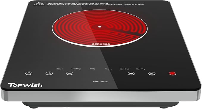 Electric Cooktop, TOPWISH 110-120V Electric Stove Top Single Burner Cooktop LED Touch Control, Child Lock, 10 Power Level, Residual Heat Indicator, 1300W Plug in Glass Countertop Burner for Cooking