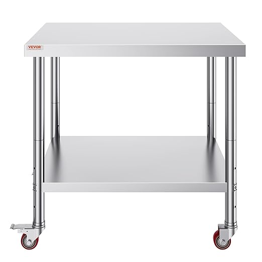 Vevor 30x36x34 Inch Stainless Steel Work Table 3-Stage Adjustable Shelf with 4 Wheels Heavy Duty Commercial Food Prep Worktable with Brake for Kitchen Prep Work